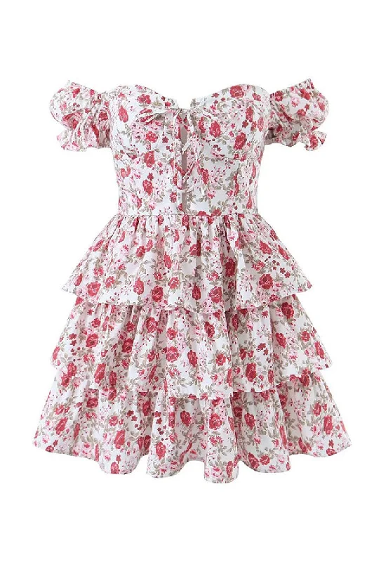 Cute Rose Printed Lace Up Front Puff Sleeve Layered Ruffle Party Mini Dress Fashionable A-Line Mini Dress