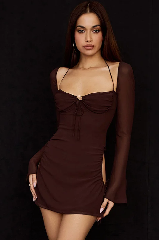 Darling Halter Neck Long Sleeve Cutout Club Mini Dress - Chocolate Trendy Mesh Mini Dress