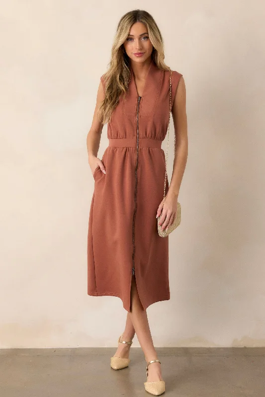 Distant Sun Terracotta Sleeveless Midi Dress Cozy Midi Dress with Pockets