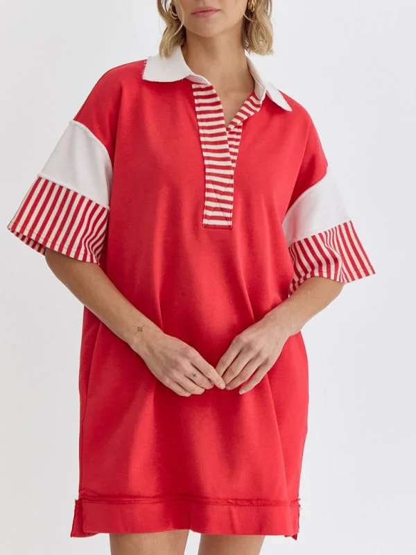 Emma's Cotton Striped Solid Color Polo Lapel Loose T-Shirt Mini Dress Graphic Embroidered Appliqued