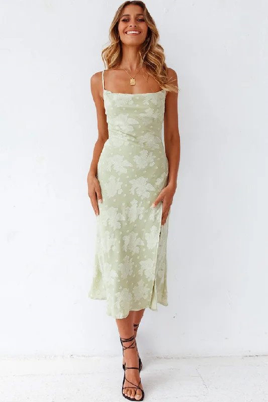 Floral Cowl Neck High Slit Slip Midi Dress - Sage Green Fashionable Off-Shoulder Dress Midi