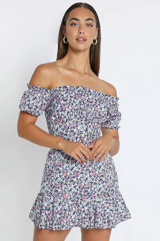 Floral Print Short Sleeve Tie Front Ruffle Mini Dress - Purple Fashionable Summer Mini Dress