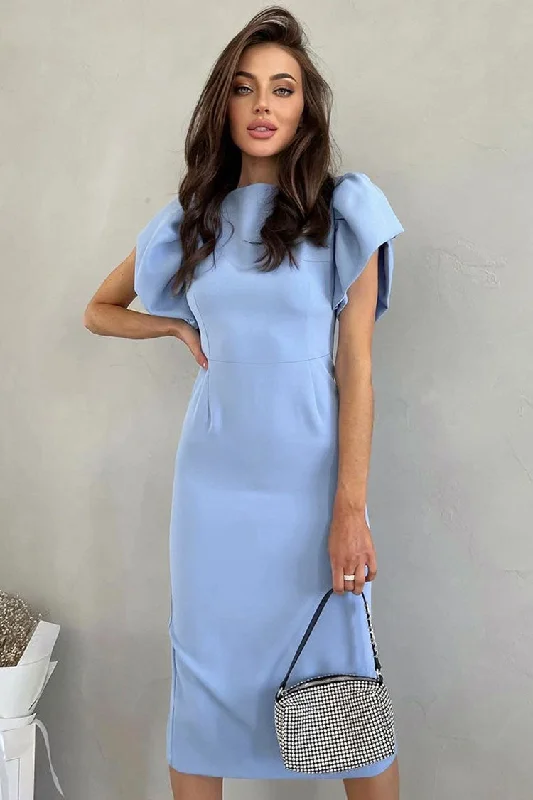 French Crew Neck Puff Sleeve Split Bodycon Cocktail Party Midi Dress - Blue Trendy Boho Midi Dress