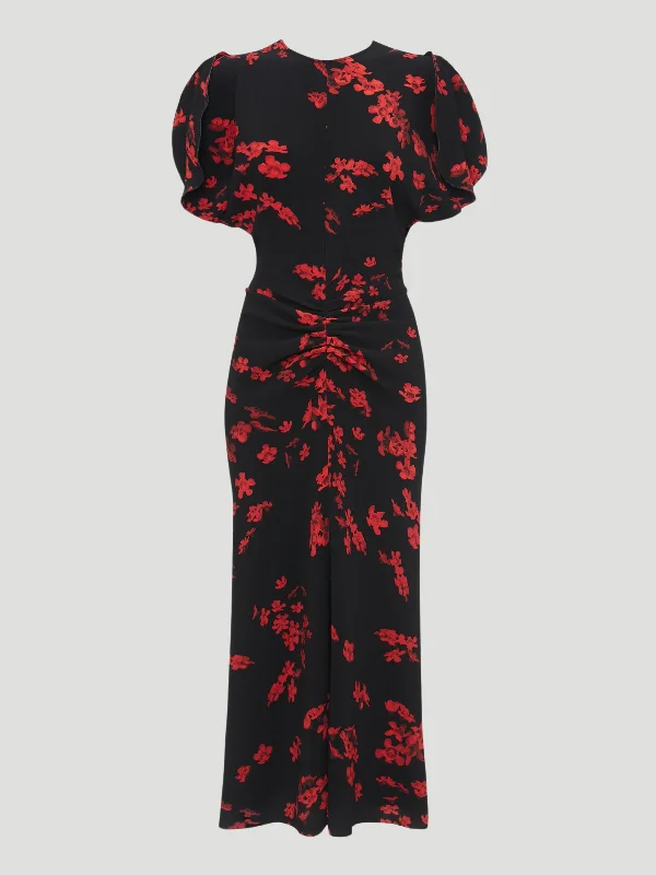 Gathered Waist Floral Midi Dress Trendy Flared Sleeve Midi Dress