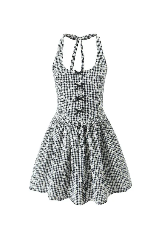 Girlish Bow Trim Floral Embroidered Gingham Print Smocked Halter Party Mini Dress Trendy Off-Shoulder Dress Mini