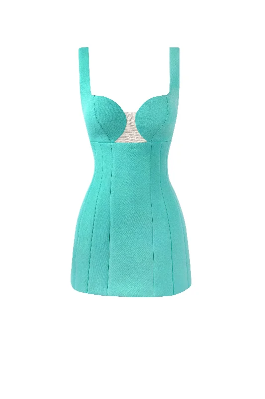 Glossy ultra mini dress in mint green with cutouts Trendy Off-Shoulder Dress Mini