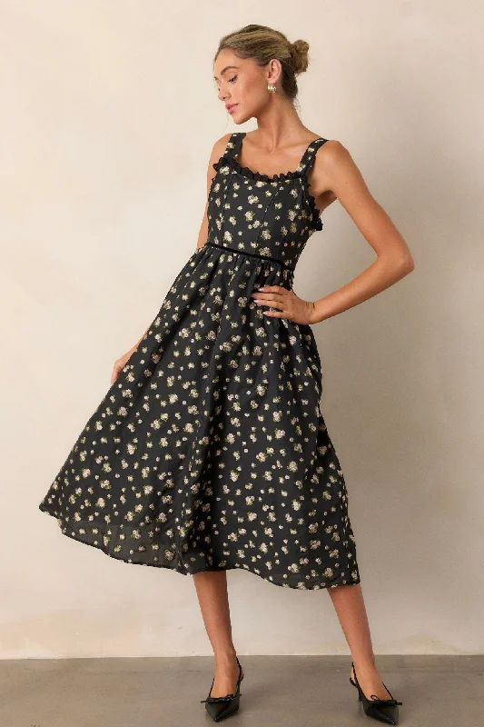 Going Out Again Black Floral Midi Dress Stylish Color Block Midi Dress