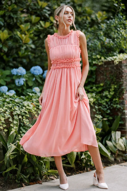 Graceful Gathering Pink Coral Sleeveless Midi Dress Trendy Midi Dress with Belt