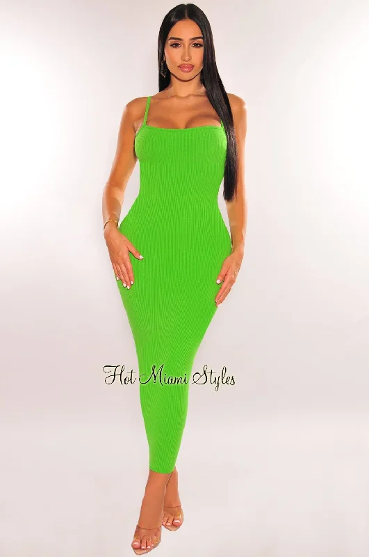 Green Ribbed Spaghetti Strap Cut Out Back Midi Dress Elegant Satin Button Midi Dress