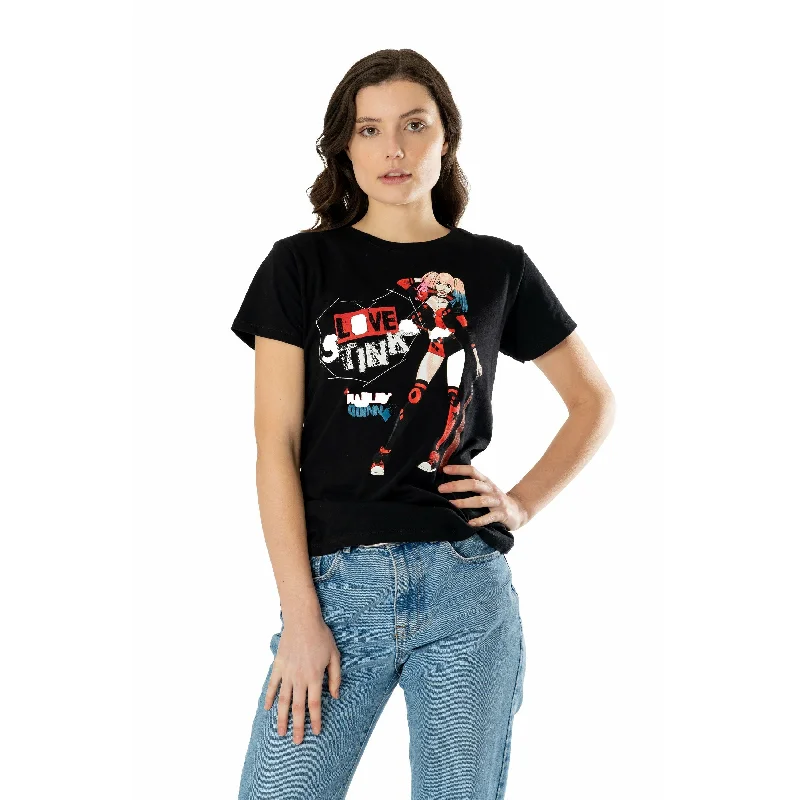 Harley Quinn Black Love Stinks T-Shirt DC Adult Zippered Buttoned Snapped