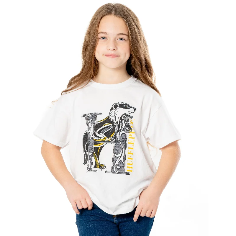 Harry Potter Kids White Hufflepuff Mosaic T-Shirt Zippered Buttoned Snapped