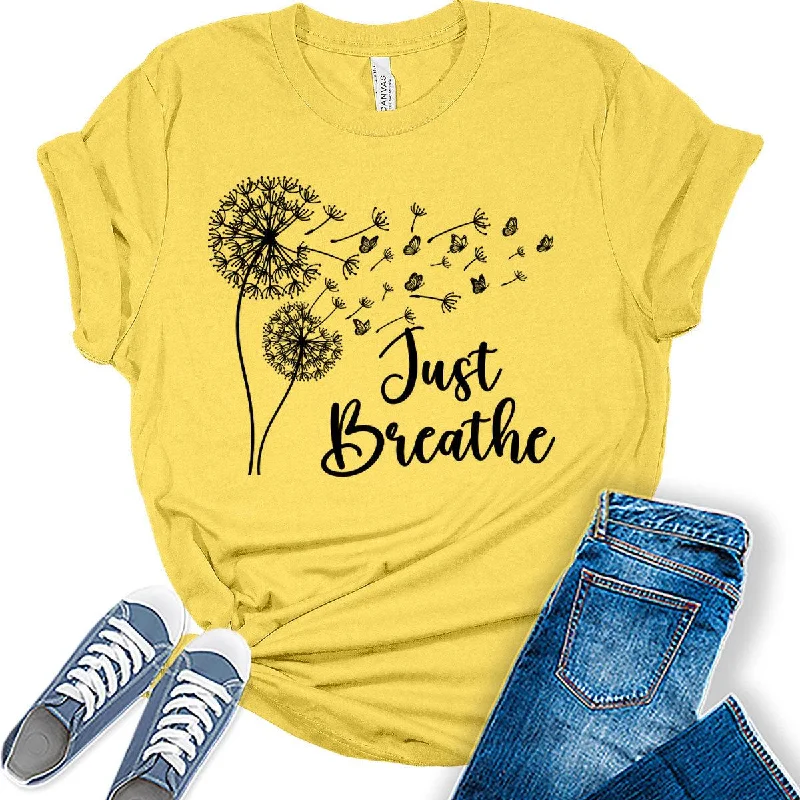 Womens Dandelion Graphic T-Shirts Just Breathe Teen Girls Cute Trendy Clothes Casual Tee Tops Cozy Warm Stylish