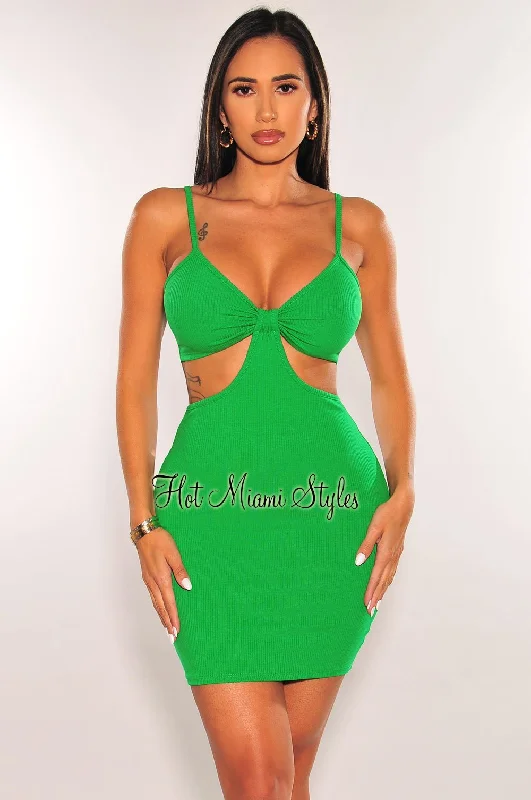 Kelly Green Ribbed Spaghetti Straps Knotted Cut Out Mini Dress Elegant Off-Shoulder Dress Mini