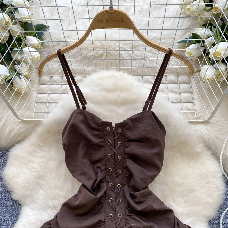 Lace-Up Corset Brown Ruffle Mini Dress Elegant Mini Dress with Pleats