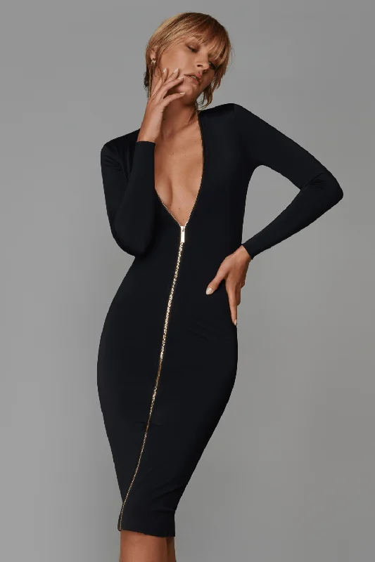 Le Vestiaire Stretch Jersey Midi Dress with Zip Trendy Bodycon Midi Dress