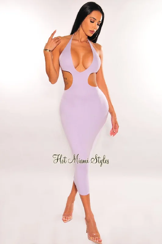 Lilac Halter V Neck Cut Out Open Back Midi Dress Trendy Ruffle Hem Midi Dress