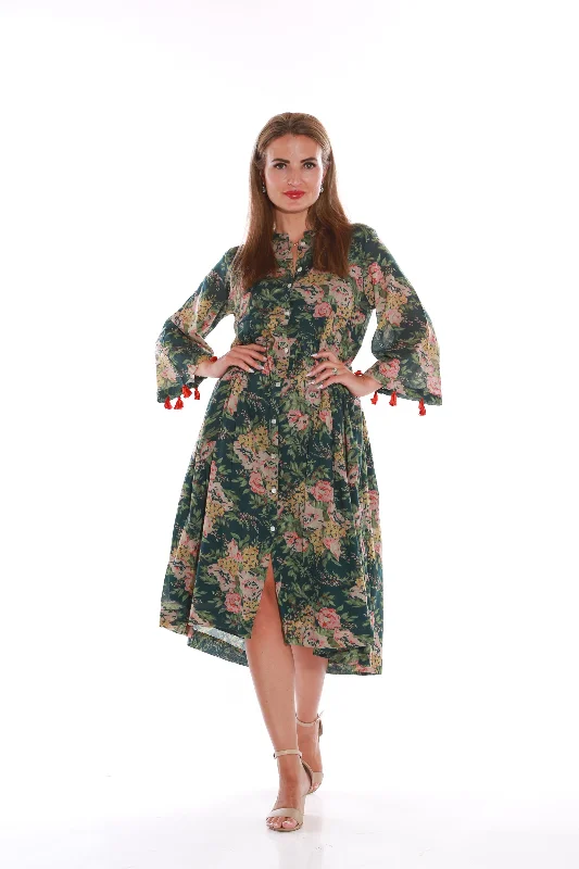 Pure Cotton Long sleeve floral print midi dress- Dark green Stylish Button-Down Midi Dress