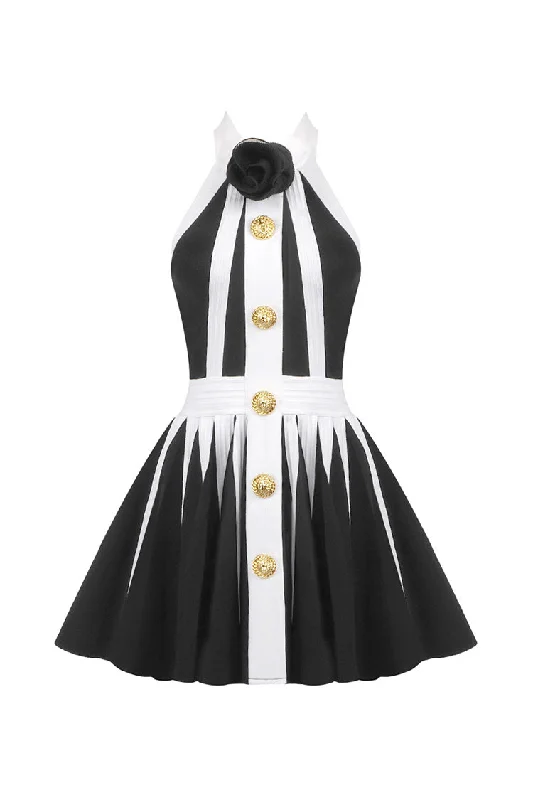 Luxury Black and White Bandage Godet Rosette Halter Skater Party Mini Dress Fashionable Party Mini Dress