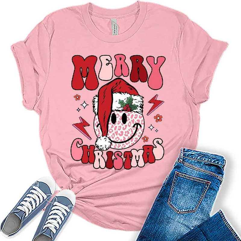 Merry Christmas Santa Hat Happy Face Funny Womens T-shirt Asymmetrical Pockets Print