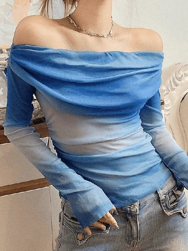 Tie Dye Off Shoulder Mesh Long Sleeve Tee Hooded Caped Shawl Collar