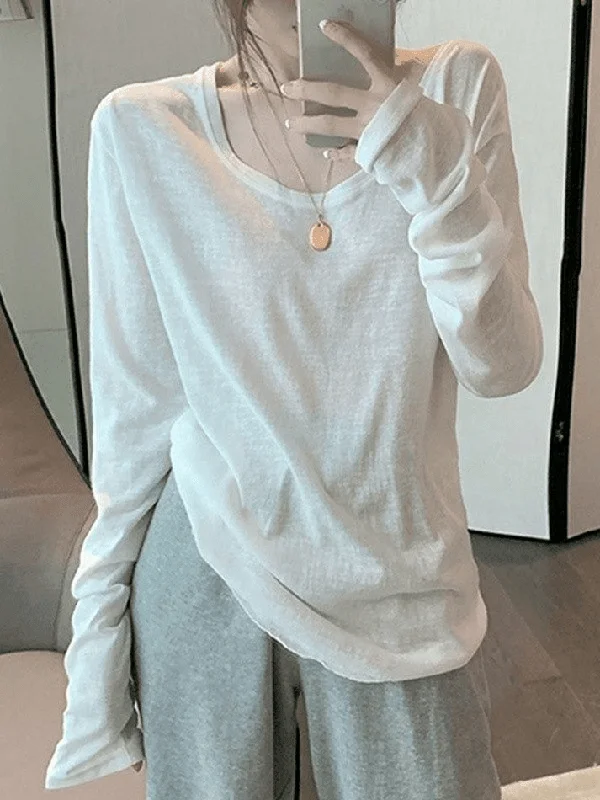 Simple Solid Color Long Sleeve Tee Boxy Fit Fitted Loose