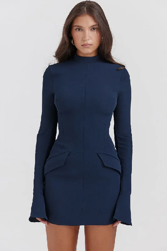 OL Mock Neck Bell Sleeve Flap Pocket Bodycon Party Mini Dress - Navy Blue Cozy Cowl Neck Mini Dress