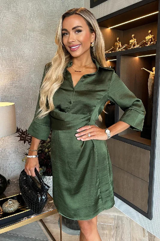 Olive 3/4 Sleeved Gathered Waist Detail Satin Mini Dress Trendy Off-Shoulder Dress Mini