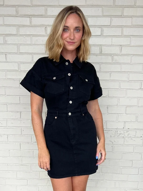 One Lucky Girl Denim Mini Dress - Black Elegant Mini Dress with Pleats