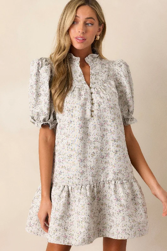 Open Path Almond Floral Puff Sleeve Mini Dress Elegant Sequin Mini Dress