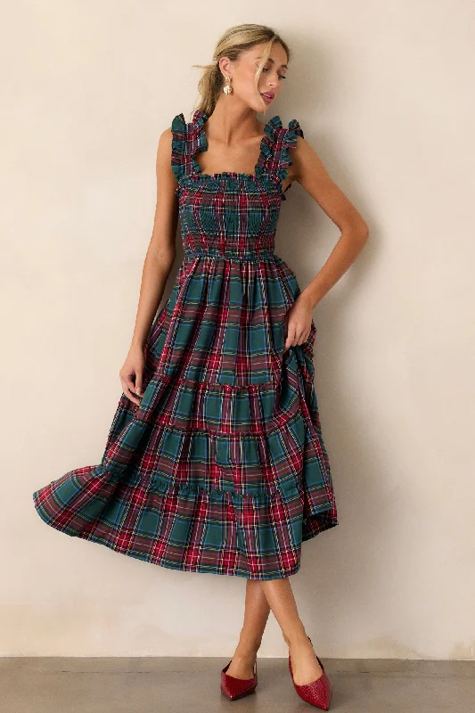 Pride And Joy Green Plaid Midi Dress Fashionable High-Neck Midi Dress