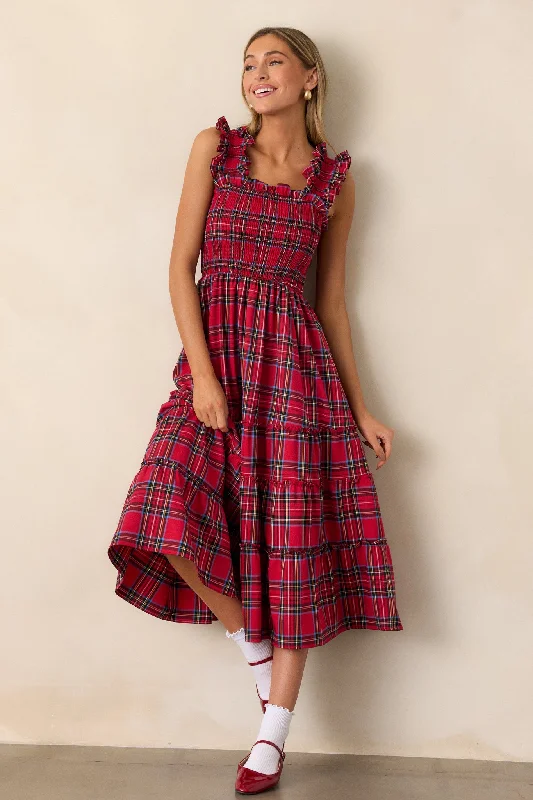 Pride And Joy Red Plaid Midi Dress Fashionable High-Low Midi Dress