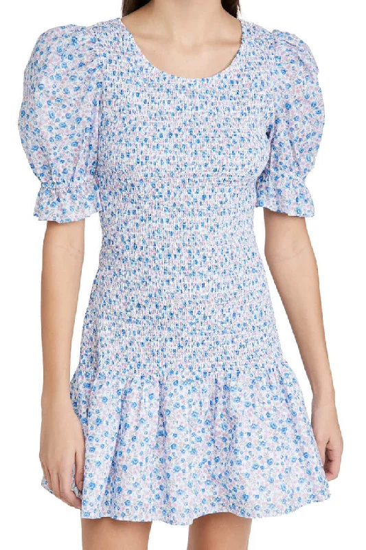 Puff Sleeve Ditsy Floral Smocked Summer Mini Dress - Blue Trendy Mesh Mini Dress