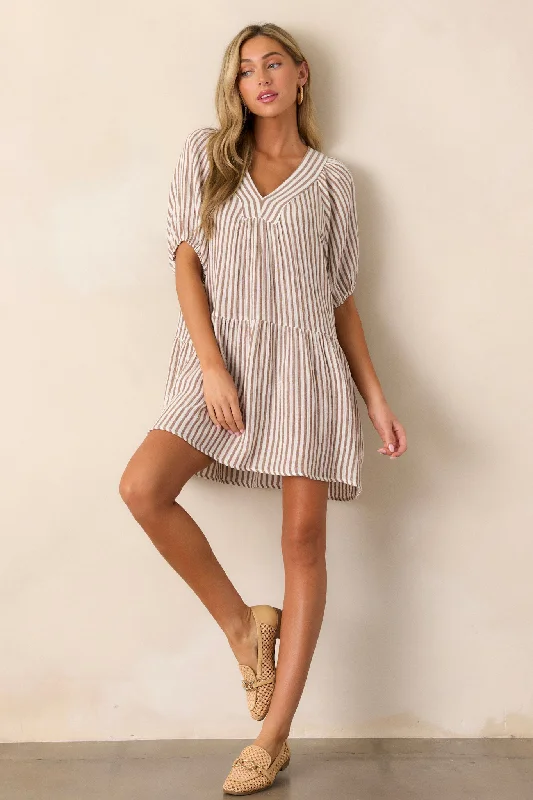 Quick To Smile 100% Cotton Brown Stripe Mini Dress Chic Pleated Mini Dress