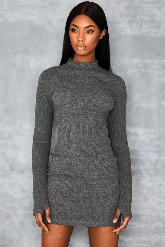 Ribbed High Neck Cut Out Long Sleeve Bodycon Mini Dress -Gray Elegant Satin Lace Mini Dress