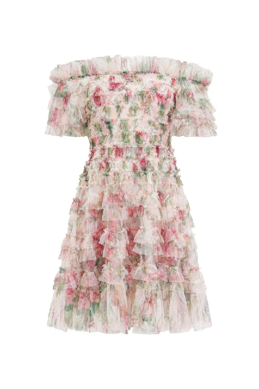 Romantic Floral Printed Off Shoulder Tulle Tiered Ruffle Party Mini Dress Trendy Tulle Mini Dress