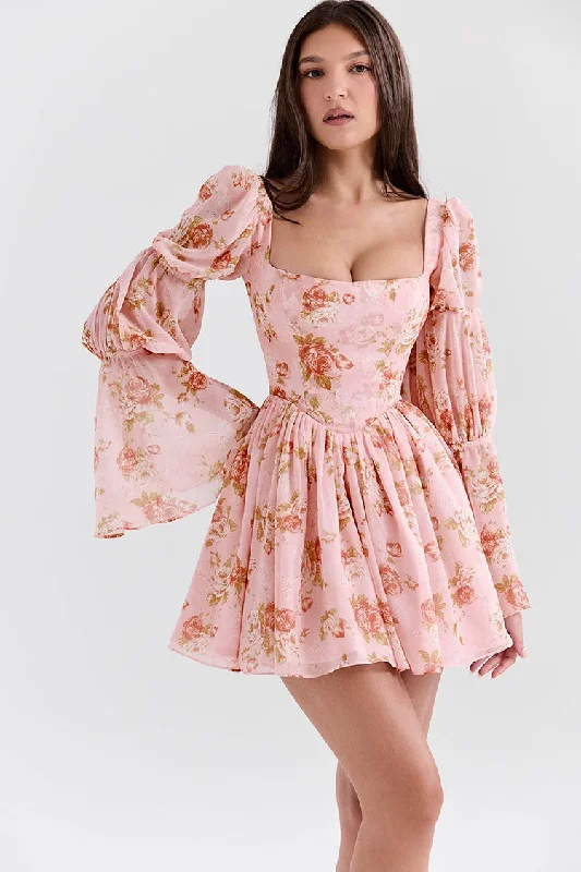 Romantic Floral Square Neck Puff Sleeve Drop Waist Chiffon Party Mini Dress Stylish Short Sleeve Mini Dress