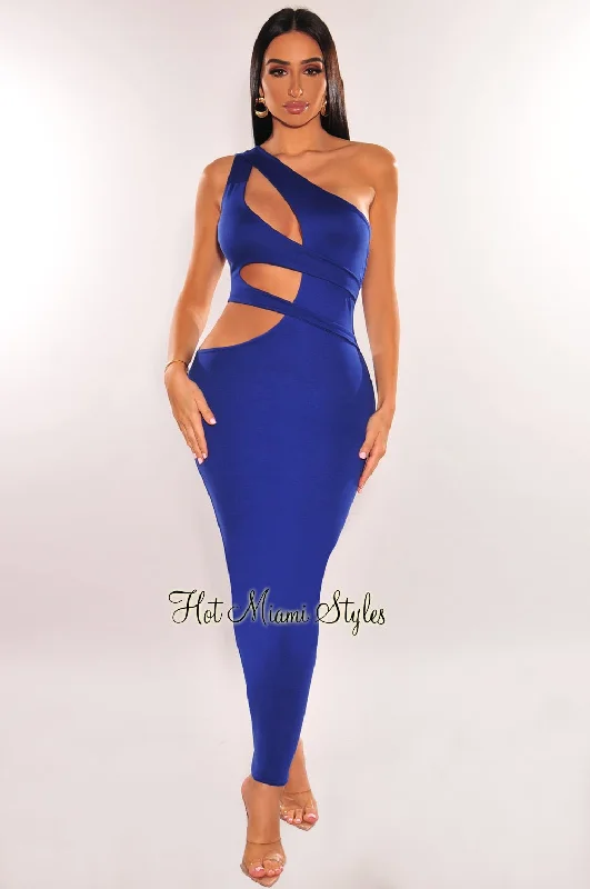 Royal Blue One Shoulder Cut Out Midi Dress Comfortable Ribbed Midi Dress