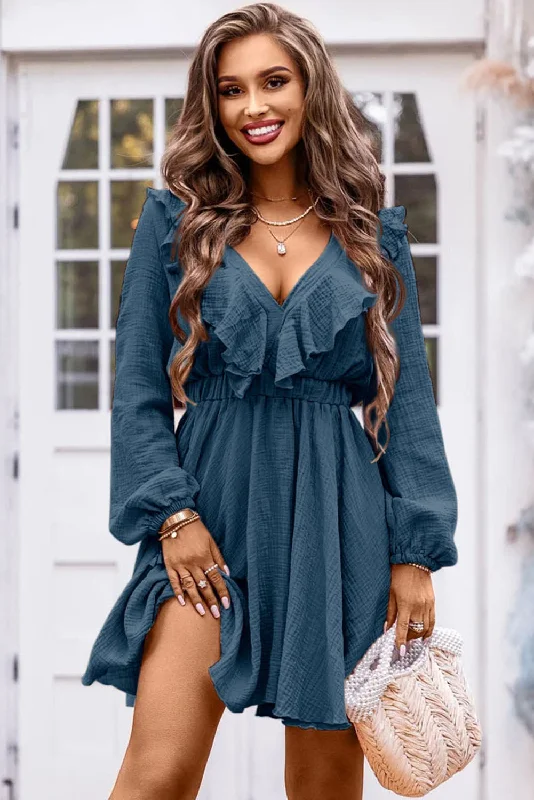 Ruffle Trim V-Neck Long Sleeve Mini Dress Cozy Sweater Mini Dress