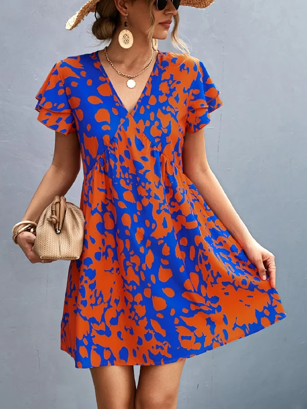 Ruffled Printed V-Neck Short Sleeve Mini Dress in Orange-Red Trendy Wraparound Mini Dress