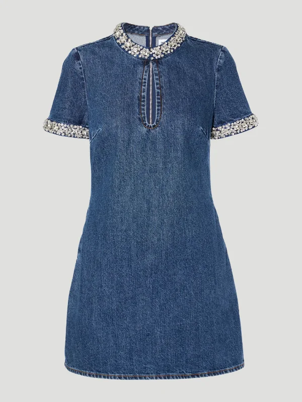 Embellished Denim Mini Dress in Blue Trendy Button-Detail Mini Dress