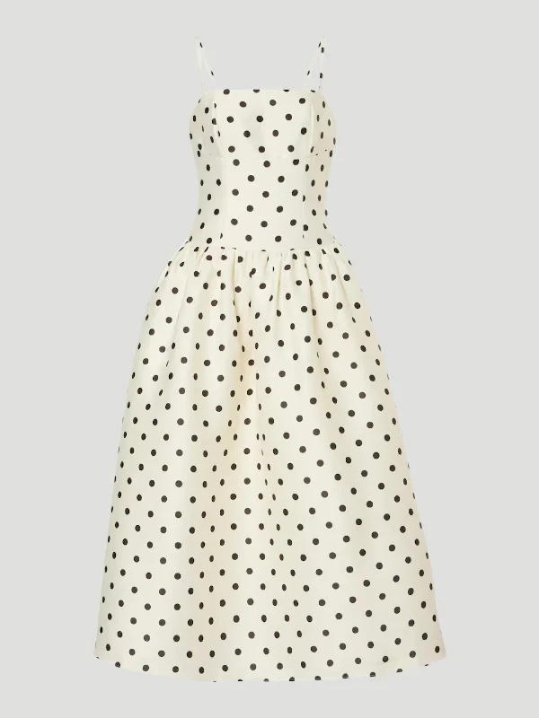 Polka Dot Taffeta Midi Dress in Cream Elegant Puff Sleeve Midi Dress