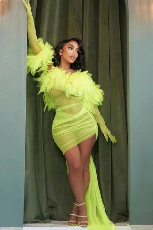 Sexy Gloved Ruffle Off Shoulder Draped Sheer Ruched Mesh Mini Dress - Neon Yellow Fashionable Mini Dress with Pockets