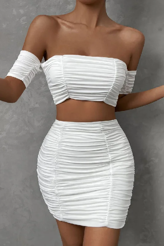 Sexy Off Shoulder Crop Top High Waist Ruched Two Piece Club Mini Dress - White Elegant Lace-Up Mini Dress