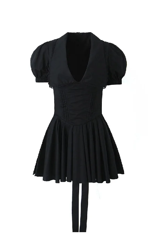 Sexy Plunge Collar Puff Sleeve Drop Waist Pleated Bow Tie Party Mini Dress Elegant Off-Shoulder Dress Mini