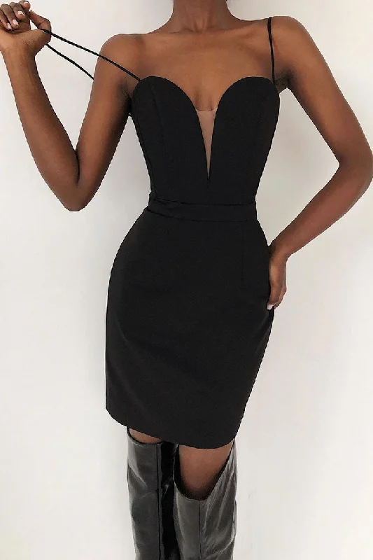 Sexy Sweetheart Deep V Sleeveless Bodycon Bandage Mini Dress - Black Trendy Off-Shoulder Dress Mini