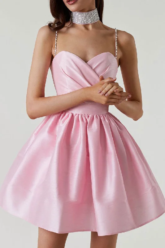 Silky Sweetheart Spaghetti Strap Pleated Satin Skater Mini Dress - Pink Elegant Mini Dress with Pleats