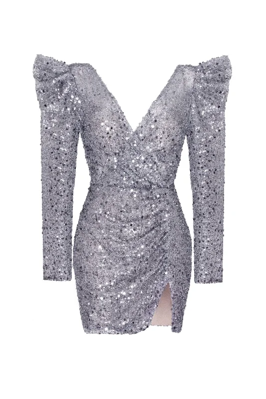 Silver metallic long-sleeve sequined mini dress Cozy Sweater Mini Dress