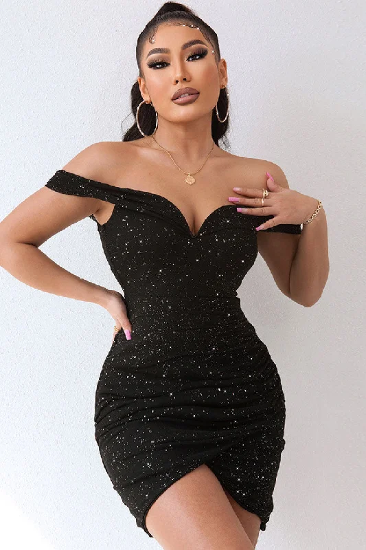 Sparkly Deep V Off The Shoulder Ruched Bodycon Party Mini Dress - Black Trendy Camisole Mini Dress