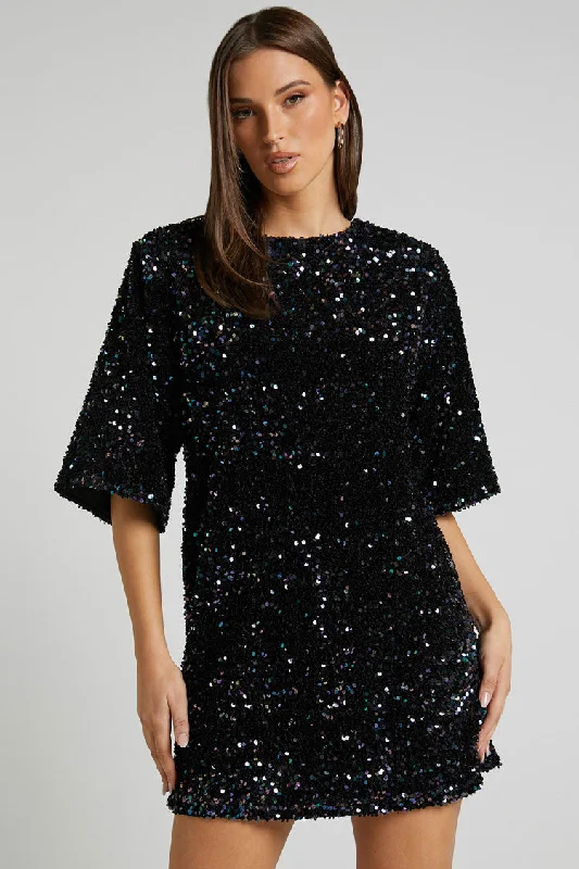 Sparkly Sequin Crew Neck Short Sleeve Oversized Velvet Party Mini Dress - Black Chic Bohemian Mini Dress