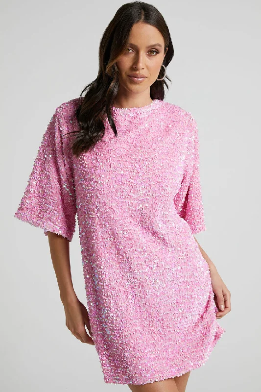 Sparkly Sequin Crew Neck Short Sleeve Oversized Velvet Party Mini Dress - Pink Elegant Lace-Up Mini Dress